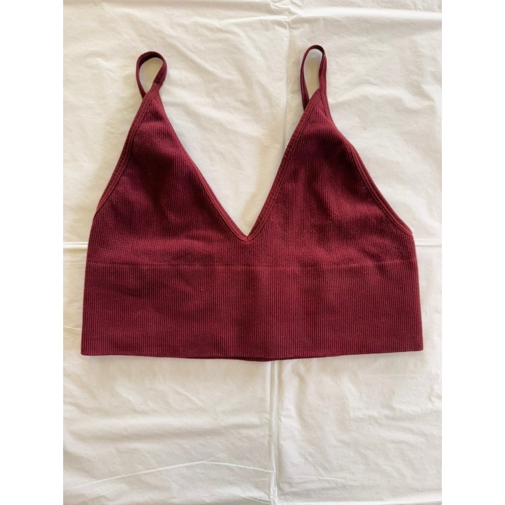 By Together Ribbed V-Neck Bralette Women S/M Burgundy Good Spaghetti Strap 807